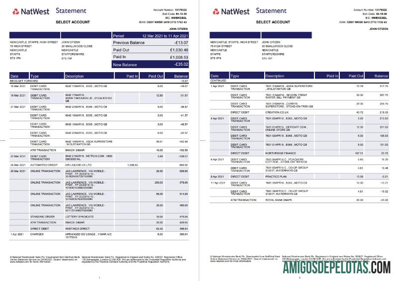 Modelo realista de extrato bancário Natwest do Reino Unido em formato Word e PDF (2 páginas)